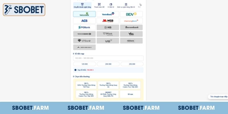 Nạp tiền SBOBET thông qua chuyển khoản ngân hàng